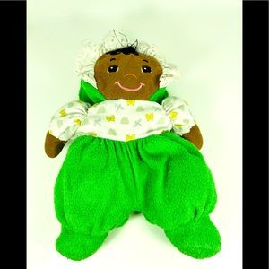 Lakeshore Black American Baby Doll Plush Green Terry Cloth Stuffed Toy 9”